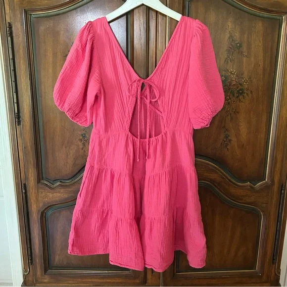 XiRENA~ Pink Nissa Cotton Gauze Tiered Puff Sleeve Mini Dress in size Medium - Picture 7 of 16